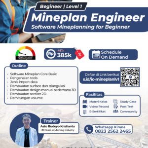 Seorang Mineplan Engineer menggunakan software tambang untuk merancang desain tambang terbuka dan menghitung cadangan secara akurat