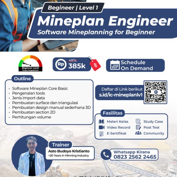 Seorang Mineplan Engineer menggunakan software tambang untuk merancang desain tambang terbuka dan menghitung cadangan secara akurat